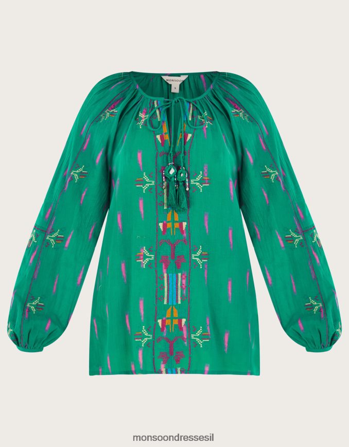 הַלבָּשָׁה Monsoon חלק עליון רקום עם צווארון ירוק נשים HTJ0TZ624
