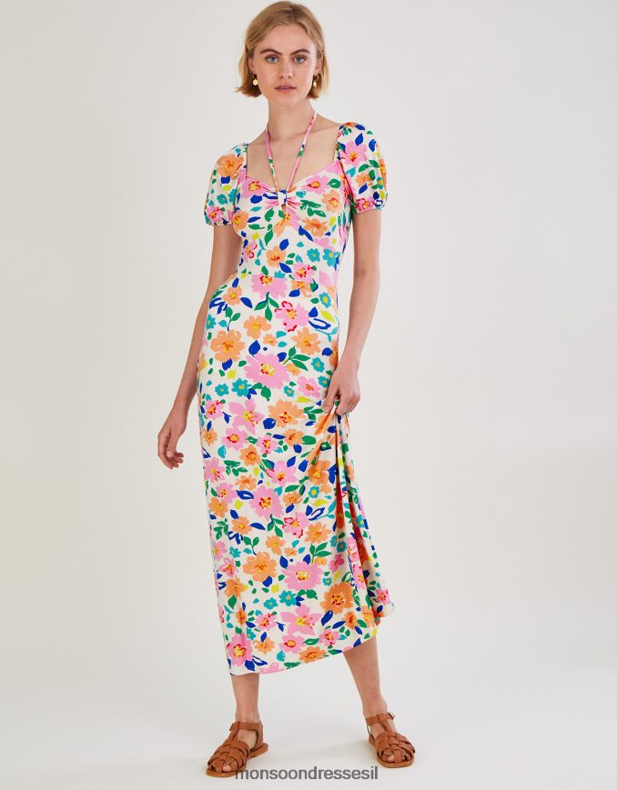 הַלבָּשָׁה Monsoon שמלת מידי ג'רזי עם שרוול נפוח פרחוני שֶׁנהָב נשים HTJ0TZ626