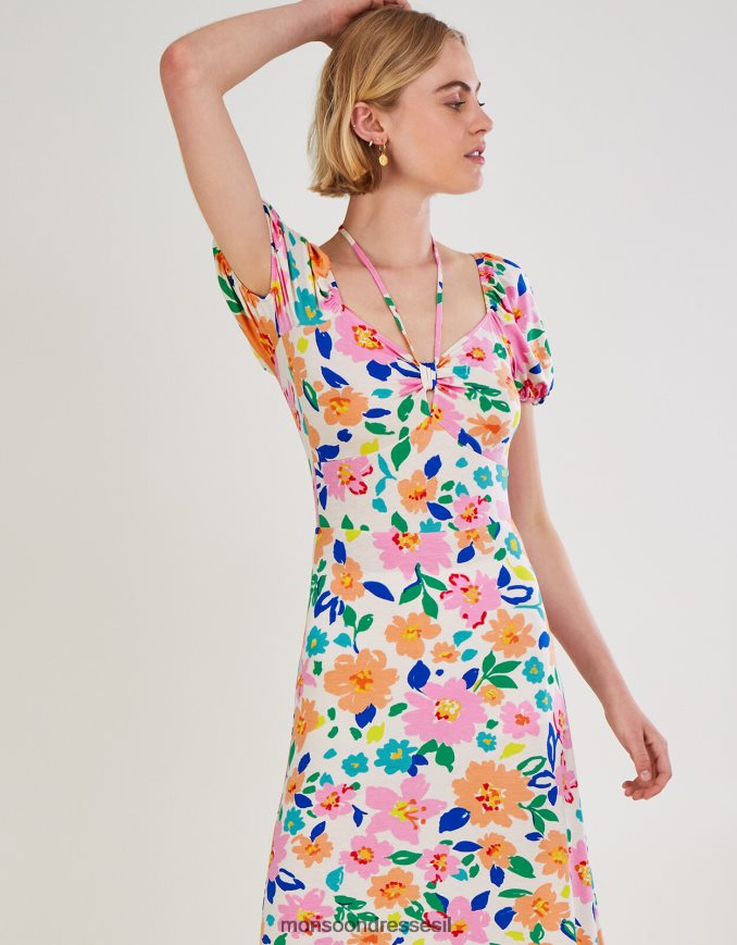 הַלבָּשָׁה Monsoon שמלת מידי ג'רזי עם שרוול נפוח פרחוני שֶׁנהָב נשים HTJ0TZ626