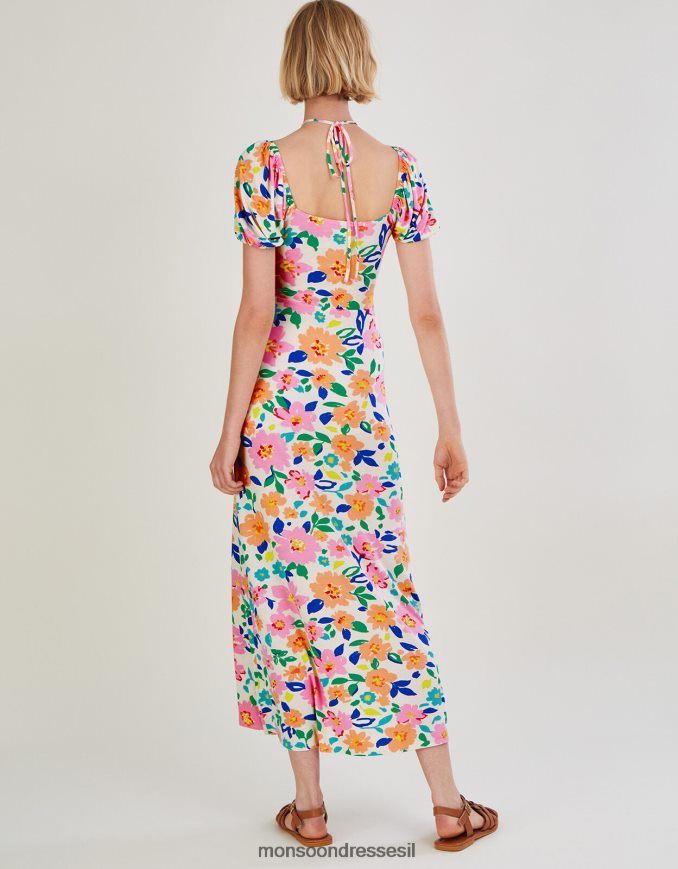 הַלבָּשָׁה Monsoon שמלת מידי ג'רזי עם שרוול נפוח פרחוני שֶׁנהָב נשים HTJ0TZ626