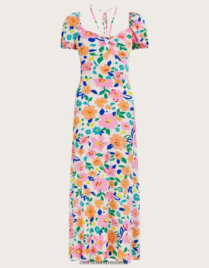 הַלבָּשָׁה Monsoon שמלת מידי ג'רזי עם שרוול נפוח פרחוני שֶׁנהָב נשים HTJ0TZ626