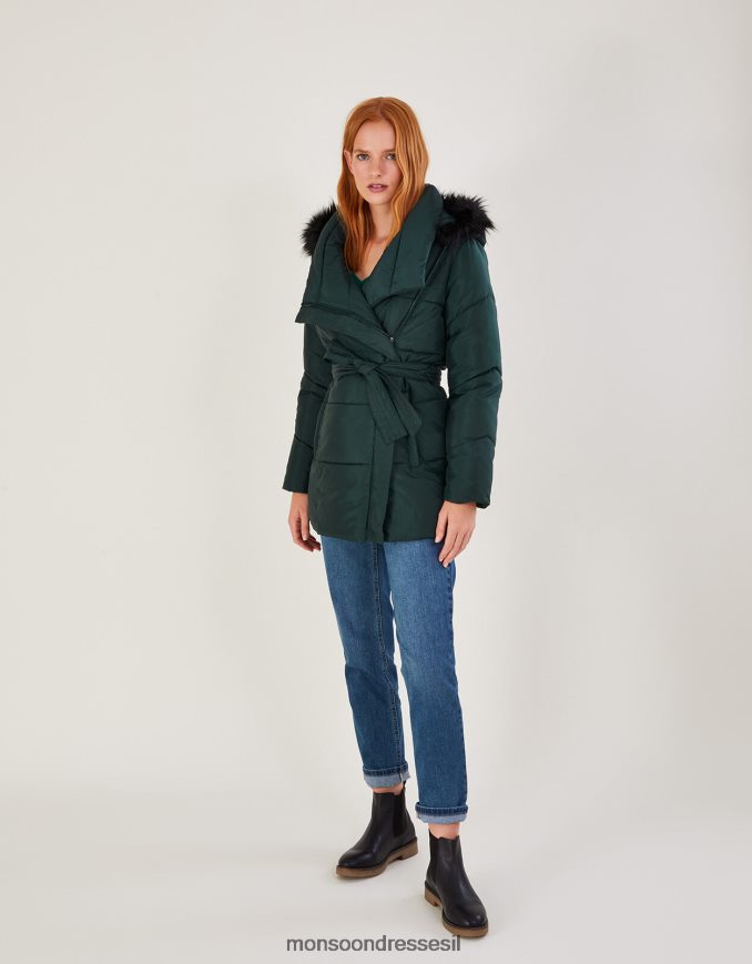 הַלבָּשָׁה Monsoon מעיל קפוצ'ון מרופד פרווה מפוליאסטר ממוחזר ירוק נשים HTJ0TZ638