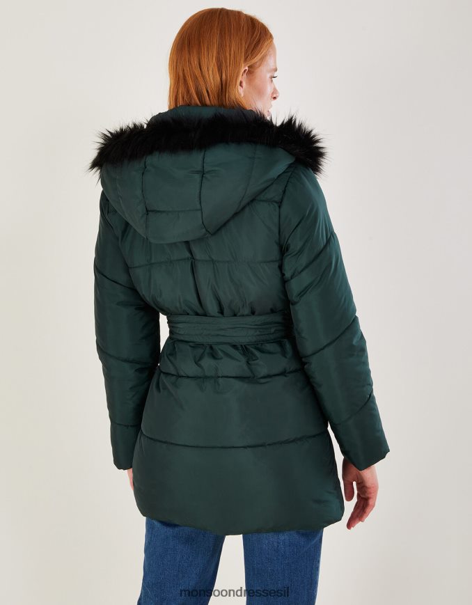 הַלבָּשָׁה Monsoon מעיל קפוצ'ון מרופד פרווה מפוליאסטר ממוחזר ירוק נשים HTJ0TZ638