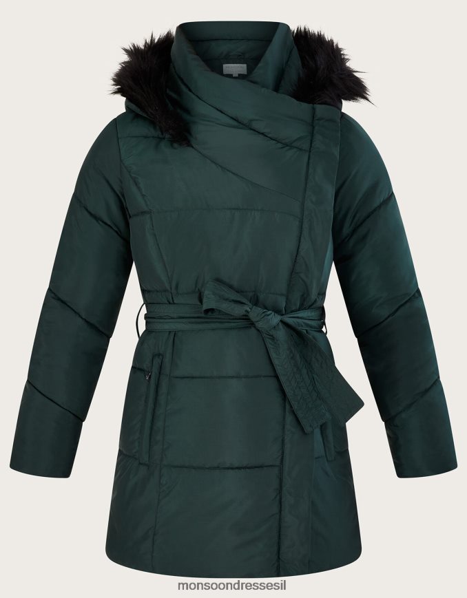הַלבָּשָׁה Monsoon מעיל קפוצ'ון מרופד פרווה מפוליאסטר ממוחזר ירוק נשים HTJ0TZ638