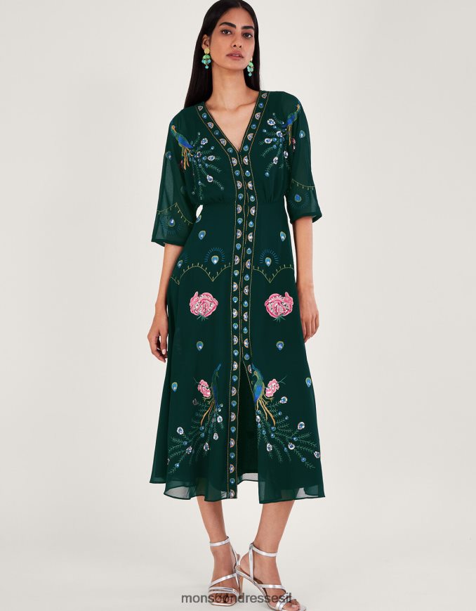 הַלבָּשָׁה Monsoon שמלת תה מעוטרת פרלה ירוק (ירוק כהה) נשים HTJ0TZ64