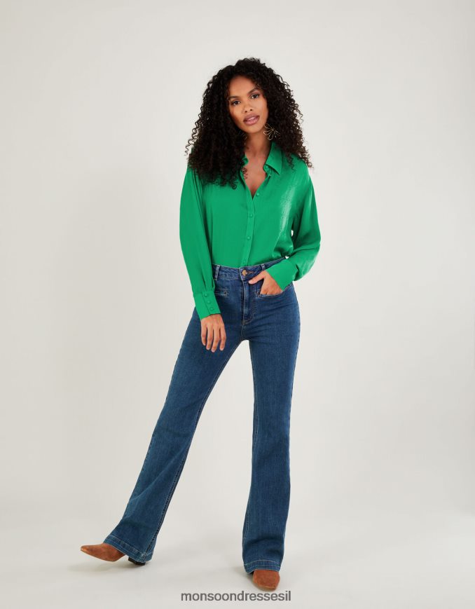 הַלבָּשָׁה Monsoon כפתור סאסקיה דרך חולצת סאטן ירוק נשים HTJ0TZ644