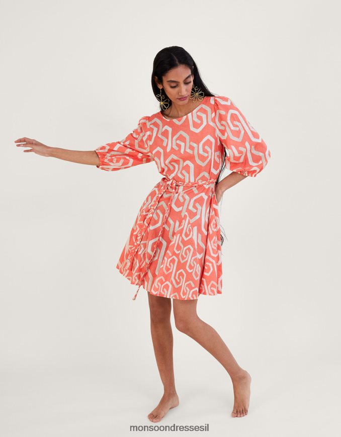 הַלבָּשָׁה Monsoon שמלה קצרה בהדפס גיאומטרי בגזרה מאחור תפוז נשים HTJ0TZ649