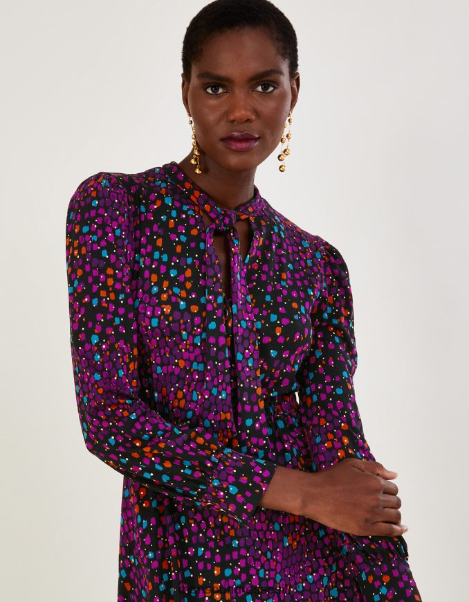 הַלבָּשָׁה Monsoon שמלת ג'רסי עם הדפסי נייר כסף שָׁחוֹר נשים HTJ0TZ651