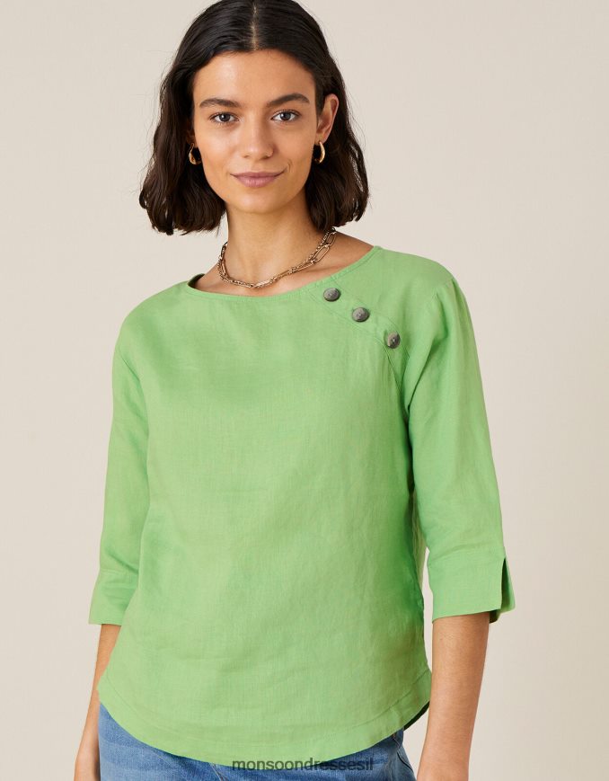 הַלבָּשָׁה Monsoon חולצת טריקו ארוכת רוזווד בפשתן טהור ירוק נשים HTJ0TZ659