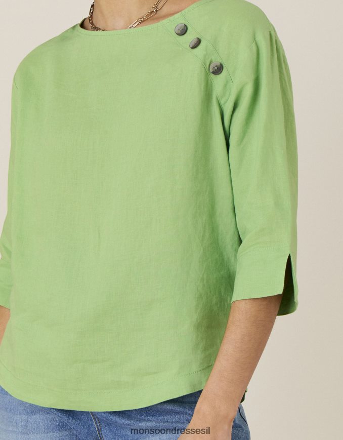 הַלבָּשָׁה Monsoon חולצת טריקו ארוכת רוזווד בפשתן טהור ירוק נשים HTJ0TZ659