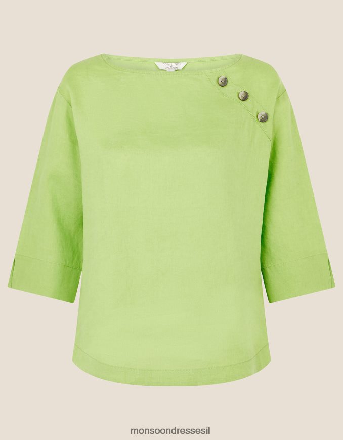 הַלבָּשָׁה Monsoon חולצת טריקו ארוכת רוזווד בפשתן טהור ירוק נשים HTJ0TZ659