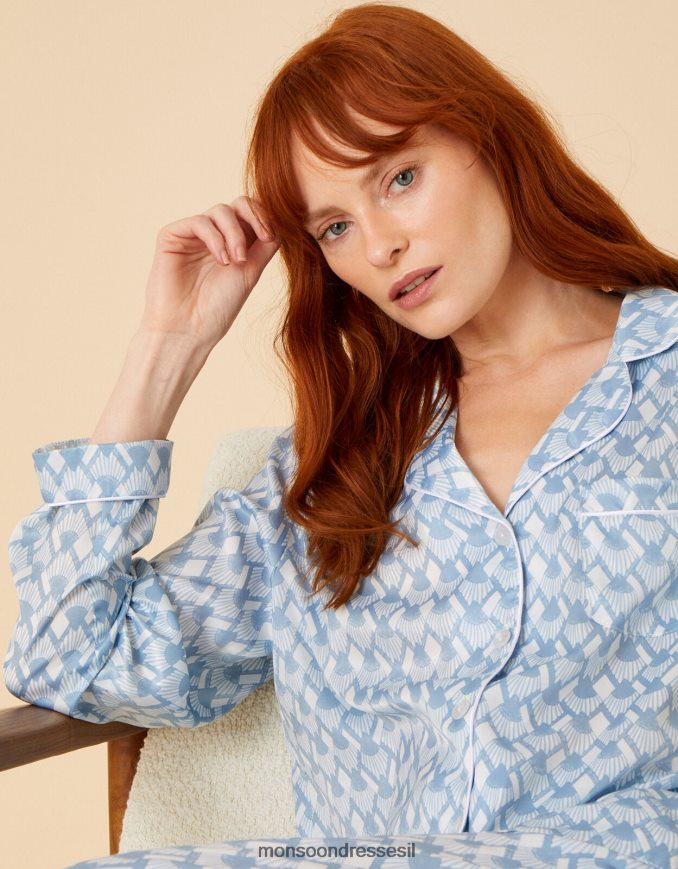 הַלבָּשָׁה Monsoon סט פיג'מות סאטן כלה בהדפס גיאומטרי כְּחוֹל נשים HTJ0TZ682