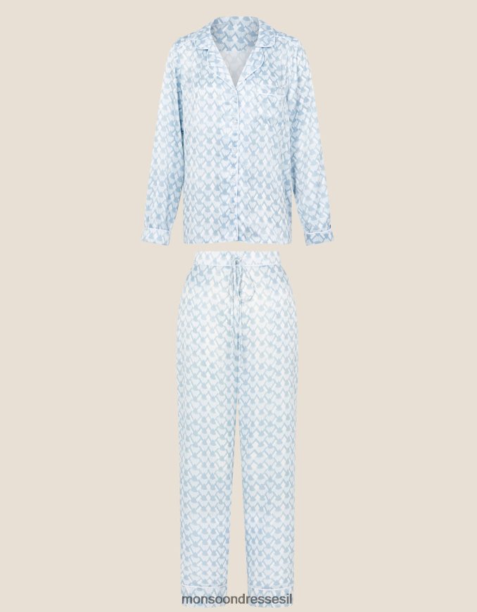 הַלבָּשָׁה Monsoon סט פיג'מות סאטן כלה בהדפס גיאומטרי כְּחוֹל נשים HTJ0TZ682