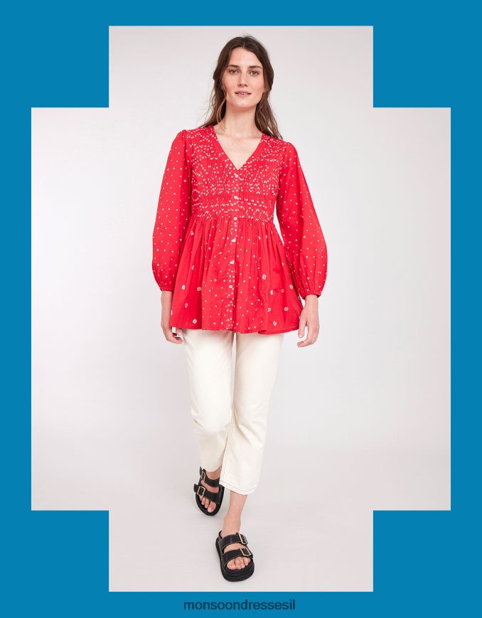 הַלבָּשָׁה Monsoon טופ הדפס מזרח נובה בנדאני אָדוֹם נשים HTJ0TZ687