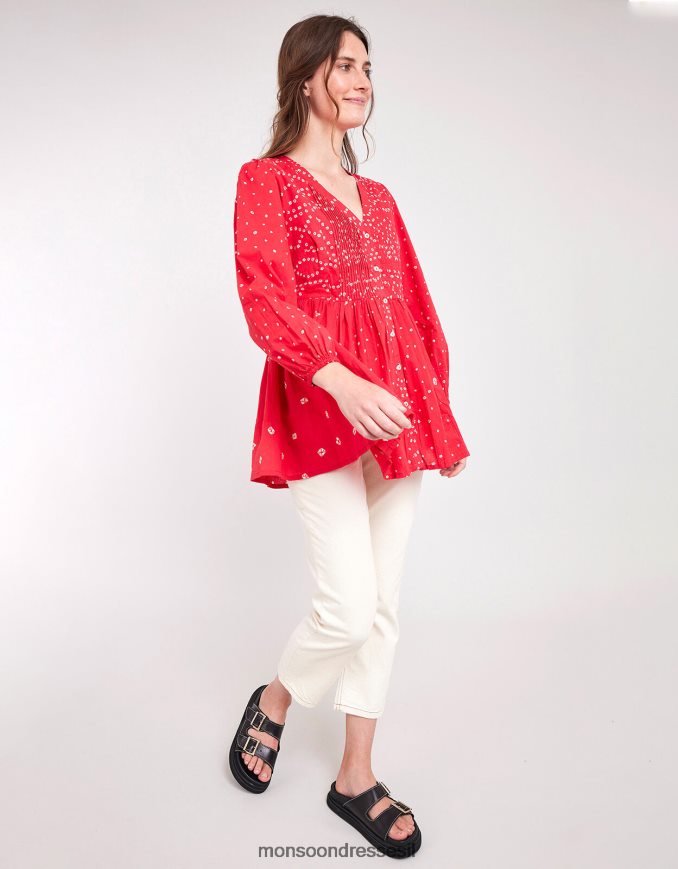 הַלבָּשָׁה Monsoon טופ הדפס מזרח נובה בנדאני אָדוֹם נשים HTJ0TZ687