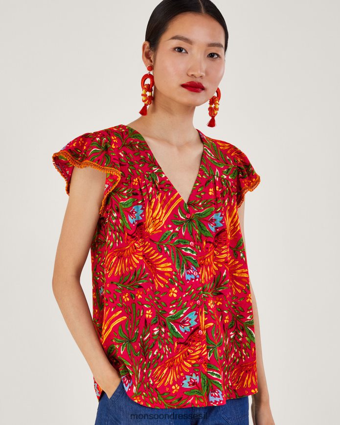 הַלבָּשָׁה Monsoon טופ ג'רסי בהדפס עלים בתערובת פשתן אָדוֹם נשים HTJ0TZ688