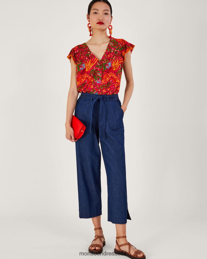 הַלבָּשָׁה Monsoon טופ ג'רסי בהדפס עלים בתערובת פשתן אָדוֹם נשים HTJ0TZ688