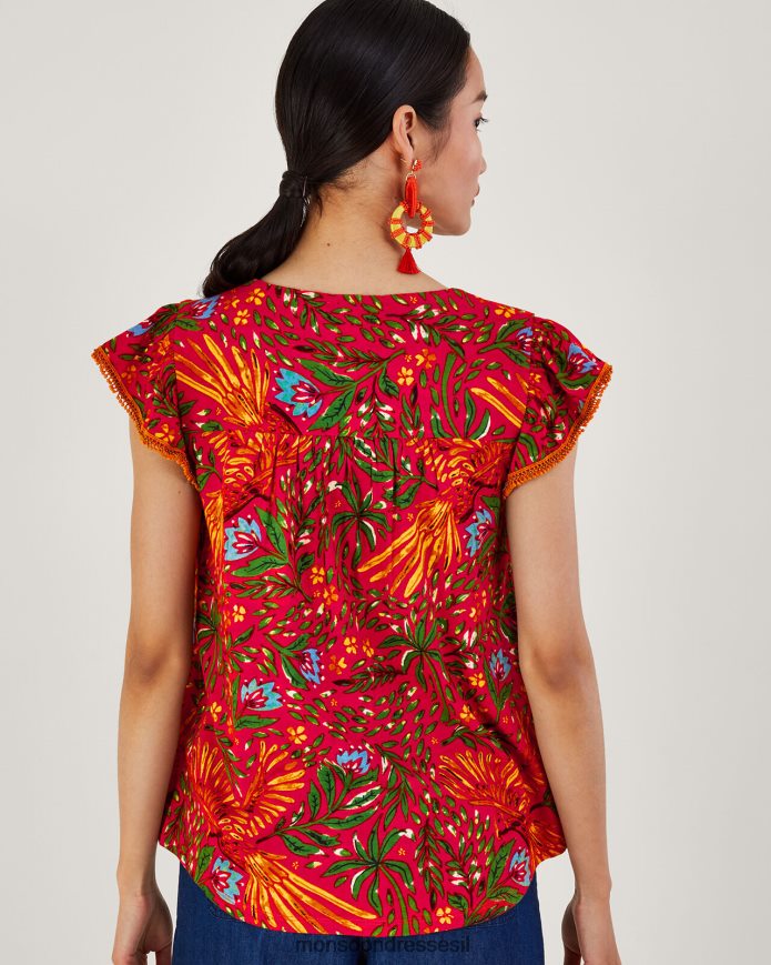 הַלבָּשָׁה Monsoon טופ ג'רסי בהדפס עלים בתערובת פשתן אָדוֹם נשים HTJ0TZ688