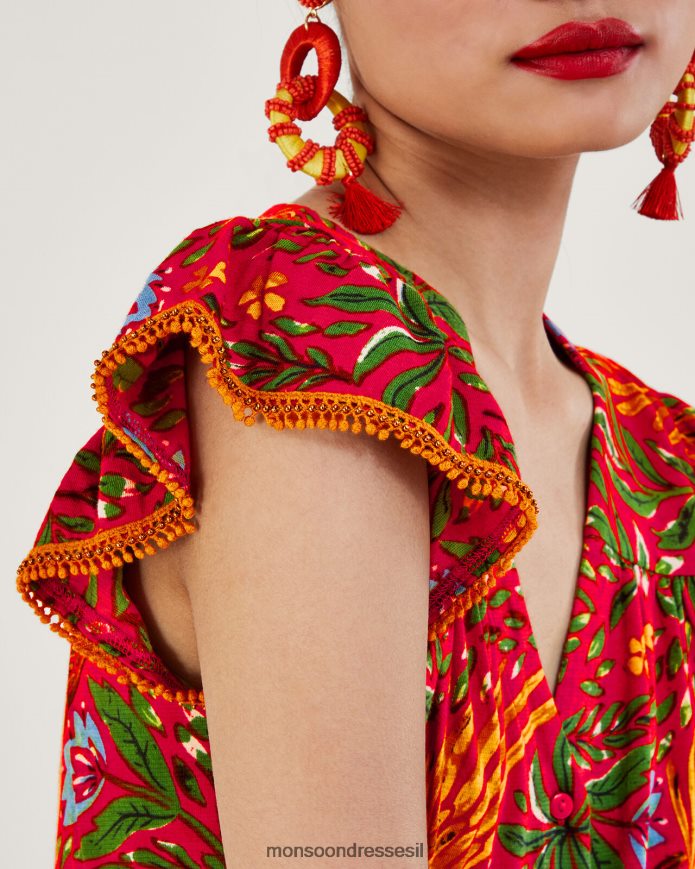 הַלבָּשָׁה Monsoon טופ ג'רסי בהדפס עלים בתערובת פשתן אָדוֹם נשים HTJ0TZ688