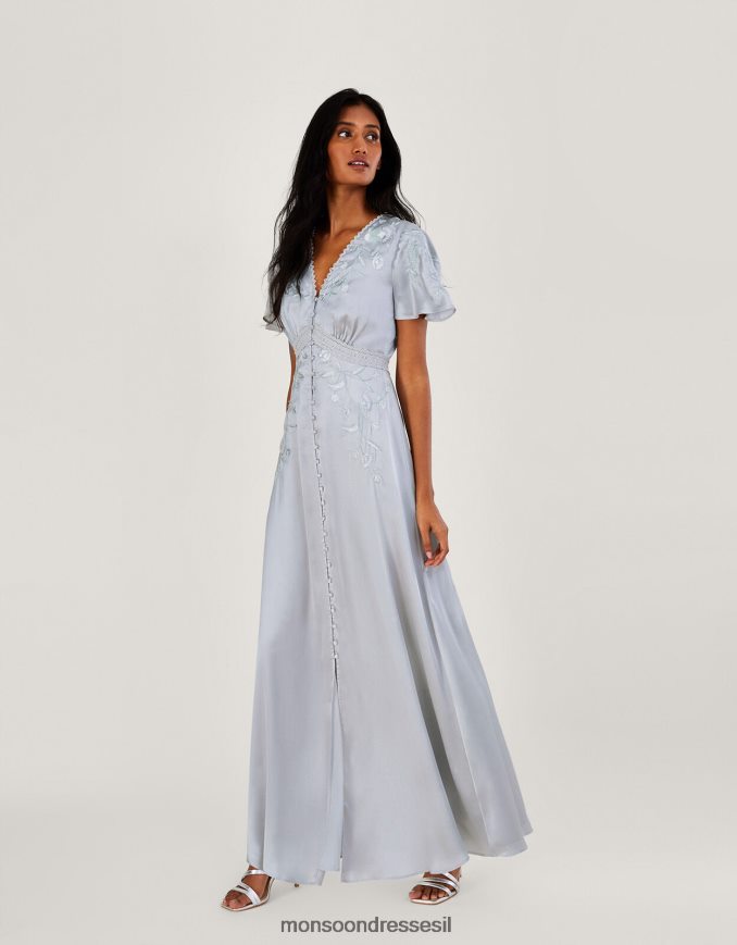 הַלבָּשָׁה Monsoon שמלת מקסי רקומה מסאטן של מיה כסף נשים HTJ0TZ698