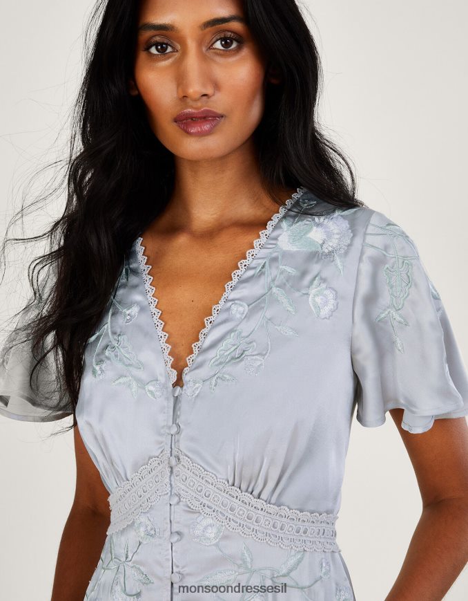 הַלבָּשָׁה Monsoon שמלת מקסי רקומה מסאטן של מיה כסף נשים HTJ0TZ698