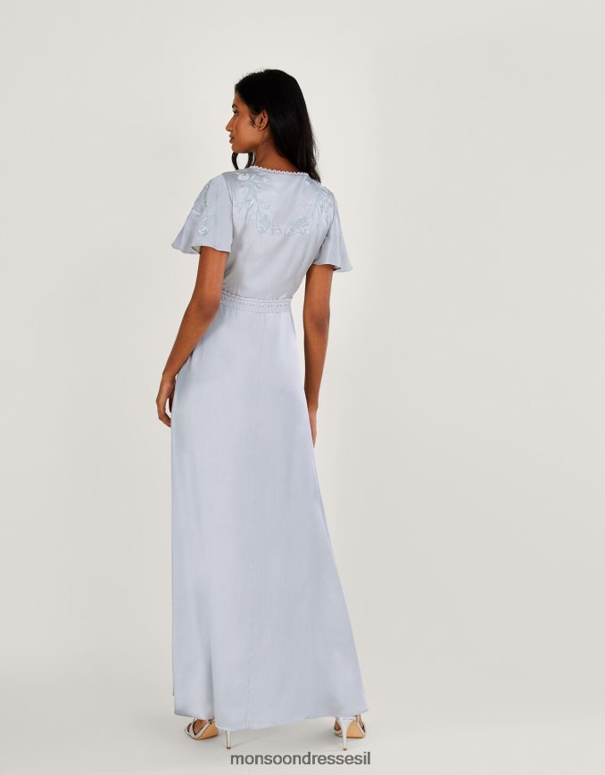 הַלבָּשָׁה Monsoon שמלת מקסי רקומה מסאטן של מיה כסף נשים HTJ0TZ698