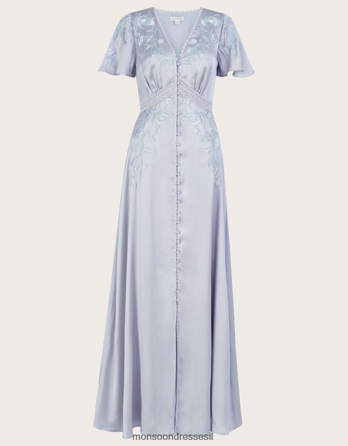 הַלבָּשָׁה Monsoon שמלת מקסי רקומה מסאטן של מיה כסף נשים HTJ0TZ698