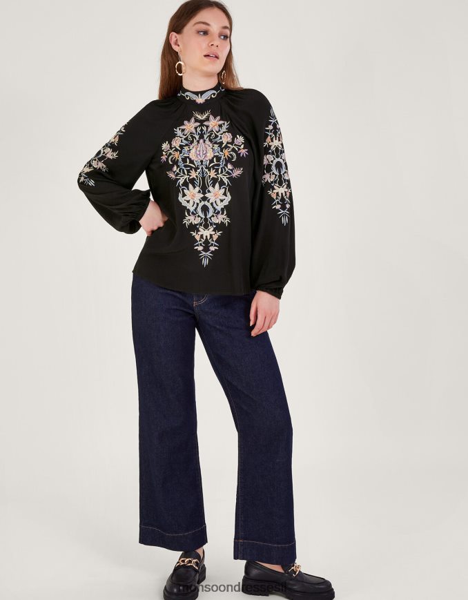 הַלבָּשָׁה Monsoon חולצה רקומה פרחונית של פארה שָׁחוֹר נשים HTJ0TZ6