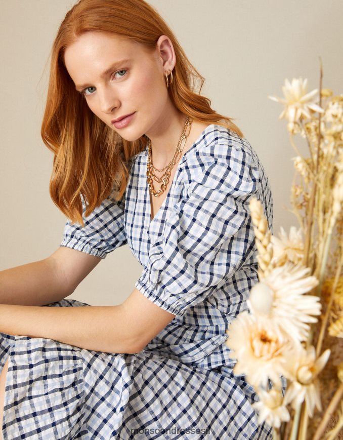 הַלבָּשָׁה Monsoon שמלת בובה עוטפת גינגהם כְּחוֹל נשים HTJ0TZ701