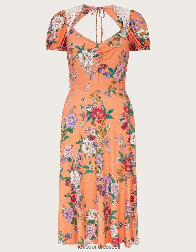 הַלבָּשָׁה Monsoon שמלת ג'רסי פרחונית עם תחרה תפוז (אפרסק) נשים HTJ0TZ703