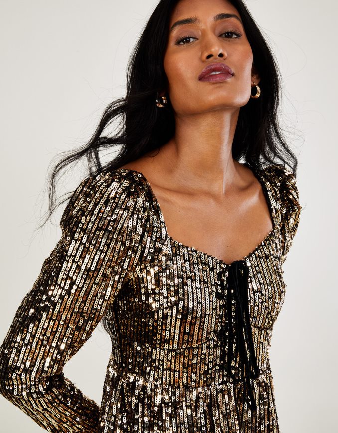 הַלבָּשָׁה Monsoon שמלת מקסי נצנצים של ג'ורג'ינה עם פוליאסטר ממוחזר זהב נשים HTJ0TZ708