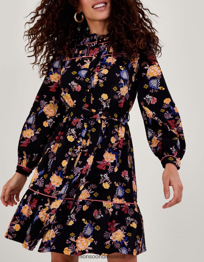 הַלבָּשָׁה Monsoon שמלת ג'רסי חגורה בהדפס פרחוני שָׁחוֹר נשים HTJ0TZ709