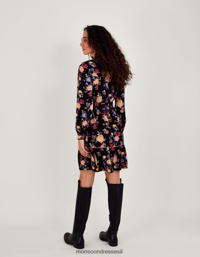 הַלבָּשָׁה Monsoon שמלת ג'רסי חגורה בהדפס פרחוני שָׁחוֹר נשים HTJ0TZ709