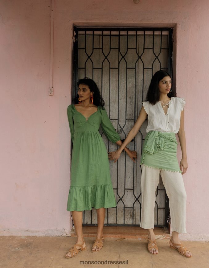 הַלבָּשָׁה Monsoon שמלת תה מלני בתערובת פשתן ירוק נשים HTJ0TZ712