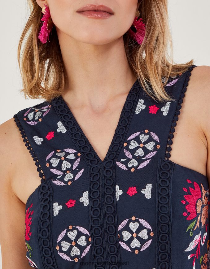 הַלבָּשָׁה Monsoon שמלת קיץ של ג'רסי רקומה כחול (צי) נשים HTJ0TZ730