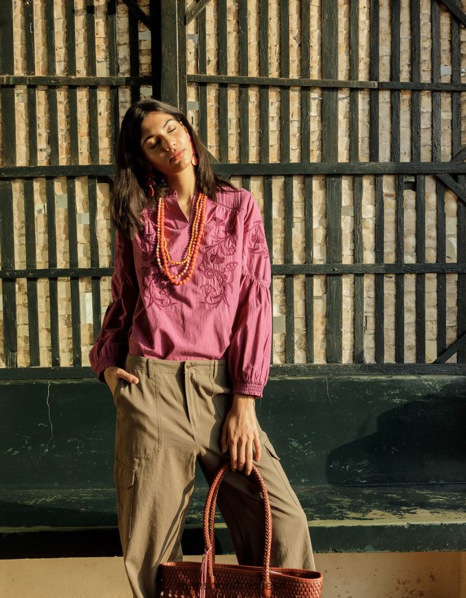 הַלבָּשָׁה Monsoon חלק עליון רקום בגווני כותנה בת קיימא סגול (לילך) נשים HTJ0TZ739