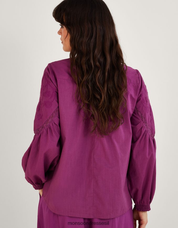 הַלבָּשָׁה Monsoon חלק עליון רקום בגווני כותנה בת קיימא סגול (לילך) נשים HTJ0TZ739