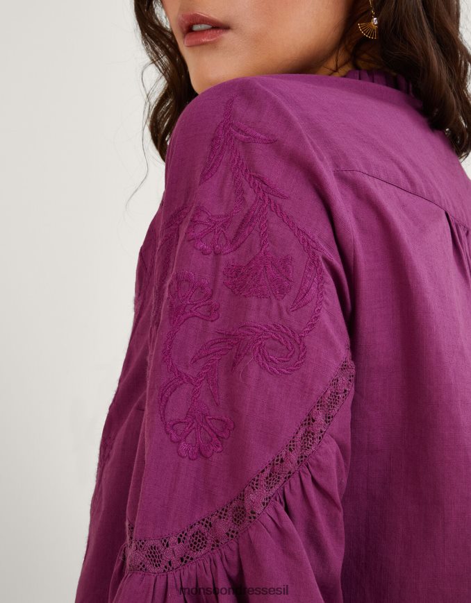 הַלבָּשָׁה Monsoon חלק עליון רקום בגווני כותנה בת קיימא סגול (לילך) נשים HTJ0TZ739