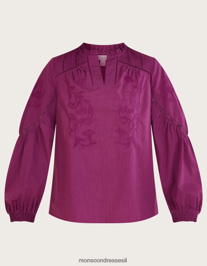 הַלבָּשָׁה Monsoon חלק עליון רקום בגווני כותנה בת קיימא סגול (לילך) נשים HTJ0TZ739