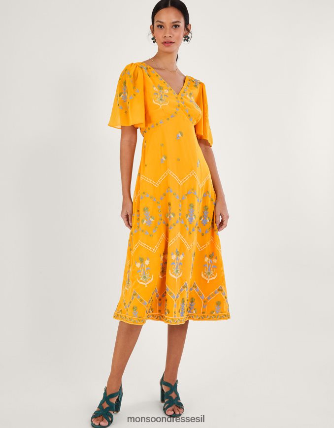 הַלבָּשָׁה Monsoon שמלת תה רקומה של מרגו בפוליאסטר ממוחזר צהוב נשים HTJ0TZ741