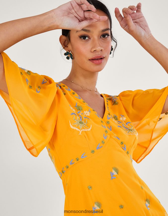 הַלבָּשָׁה Monsoon שמלת תה רקומה של מרגו בפוליאסטר ממוחזר צהוב נשים HTJ0TZ741