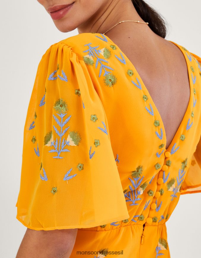 הַלבָּשָׁה Monsoon שמלת תה רקומה של מרגו בפוליאסטר ממוחזר צהוב נשים HTJ0TZ741