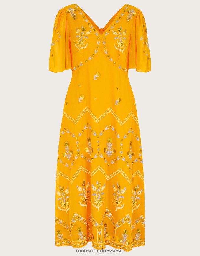 הַלבָּשָׁה Monsoon שמלת תה רקומה של מרגו בפוליאסטר ממוחזר צהוב נשים HTJ0TZ741