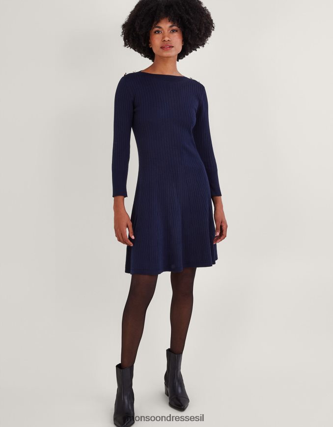 הַלבָּשָׁה Monsoon פרט כפתורים בהתאמה מצולעת ושמלה מתלקחת עם פוליאסטר ממוחזר כחול (צי) נשים HTJ0TZ743