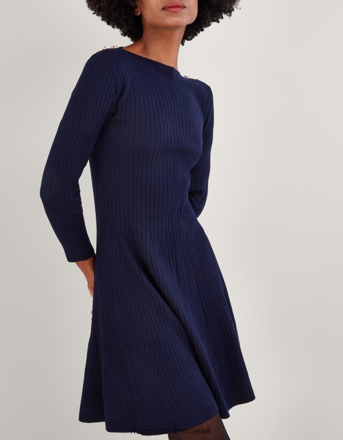 הַלבָּשָׁה Monsoon פרט כפתורים בהתאמה מצולעת ושמלה מתלקחת עם פוליאסטר ממוחזר כחול (צי) נשים HTJ0TZ743