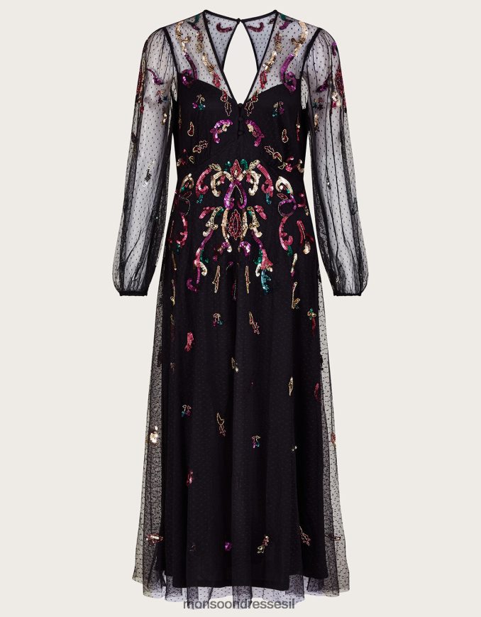 הַלבָּשָׁה Monsoon שמלת מקסי מקושטת של פיי שָׁחוֹר נשים HTJ0TZ744