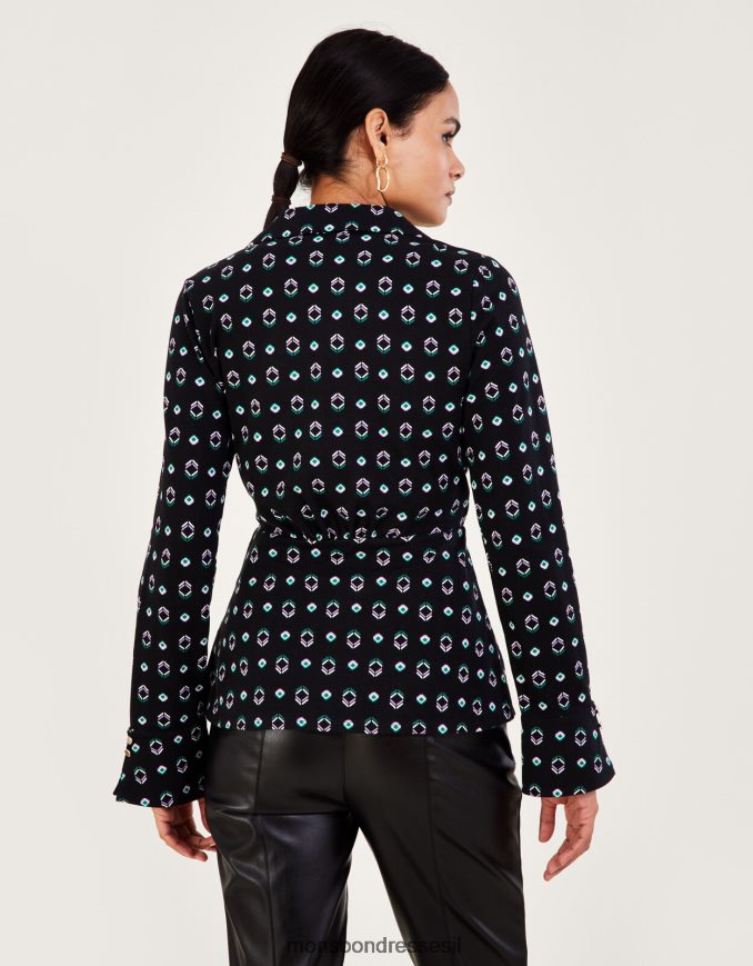 הַלבָּשָׁה Monsoon חולצת מעטפת ג'רסי בהדפס גיאומטרי עם כותנה בת קיימא שָׁחוֹר נשים HTJ0TZ749