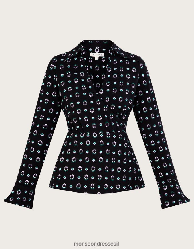הַלבָּשָׁה Monsoon חולצת מעטפת ג'רסי בהדפס גיאומטרי עם כותנה בת קיימא שָׁחוֹר נשים HTJ0TZ749