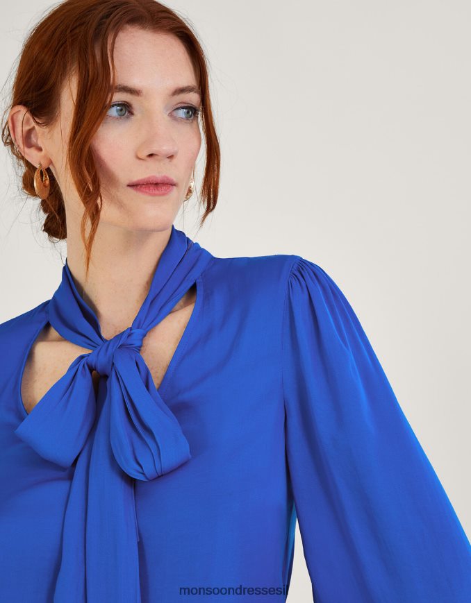 הַלבָּשָׁה Monsoon חולצת קשת סאטן קייטי עם פוליאסטר ממוחזר כחול (קובלט) נשים HTJ0TZ751