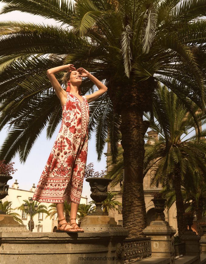 הַלבָּשָׁה Monsoon הדפס שמלת מידי בתערובת פשתן אָדוֹם נשים HTJ0TZ759